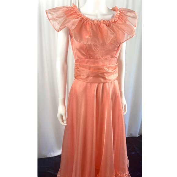 Vintage 1960’s 1970’s Custom Made Ruffled Collar Evening Gown in Orange • XS/S - Picture 3 of 10